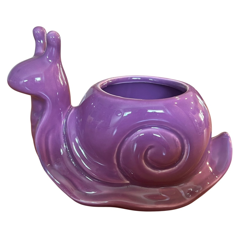 Chive Purple Ceramic Snail Planter Whimsical Glossy Glazed Garden Decor Pot